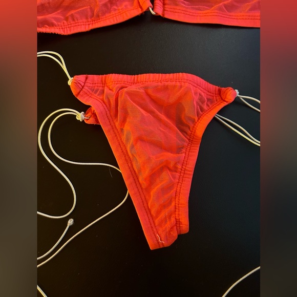 NWOT Sexy Skimpy Neon Orange Mesh Bandeau Triangle Top Thong Bottom Bikini - Picture 4 of 5